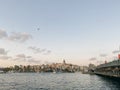 Travel to Turkey. Beautiful view of the Bosphorus Strait at sunset. Panormama overlooking the Galata bridge and Galata tower and