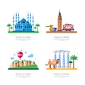 Travel to Turkey design elements. Istanbul blue mosque, Cappadocia, Galata tower vector isolated illustration