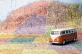 Travel to the United States of America USA. Hippie bus on the map of America. Travel concept Royalty Free Stock Photo