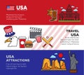 Travel to USA promotional banners with national symbols and attractions