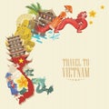 Travel to Vietnam poster with ethnic icons