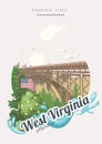 Travel to West Virginia travel banner with flag. Mountain state. USA colorful poster with map Royalty Free Stock Photo