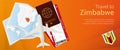 Travel to Zimbabwe pop-under banner. Trip banner with passport, tickets, airplane, boarding pass, map and flag of Zimbabwe