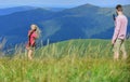 Travel together with darling. Couple taking photo. Couple in love hiking mountains. Snapping memories. Man and woman Royalty Free Stock Photo