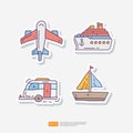 Travel Tour and Holiday Vacation Concept Vector Illustration. Airplane, Cruise Ship, Caravan, Sea Boat. Summer and Tourism Doodle