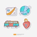 Travel Tour and Holiday Vacation Concept Vector Illustration. Payment Card, World Orbit, Hippie Van, Padlock Heart Shaped. Summer