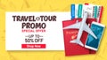 Travel and tour promo vector banner template. Travel sale online offer with 50% discount