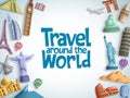 Travel and tour vector background template with travel around the world text and famous tourist destinations