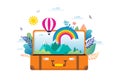 Travel, tourism, adventure scene with open suitcase, leaves, rainbow and miniature people, modern flat style. Vector Royalty Free Stock Photo