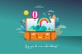 Travel, tourism, adventure scene with open suitcase, leaves, rainbow and miniature people, modern flat style. Vector Royalty Free Stock Photo