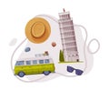 Travel and Tourism Attribute with Pisa Leaning Tower as City Landmark and Hat Vector Composition