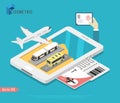 Travel and tourism background. Buying or booking online tickets. Flat 3d isometric vector illustration.