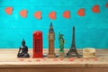 Travel and tourism background with souvenirs from around the world