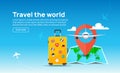 Travel tourism banner background. Luggage fun tour and bag, airplane travel design