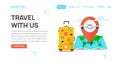 Travel tourism banner background. Luggage fun tour and bag, airplane travel design