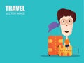 Travel and Tourism Banner, Cute Cartoon Character with Luggage, Travel Vector Background.