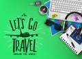 Travel or Tourism Banner with Text LetÃ¢â¬â¢s Go Travel Logo and 3D Realistic Traveling Item Elements