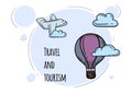Travel and tourism. Bright vector illustration of sky, airplane and hot air balloon Royalty Free Stock Photo