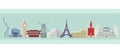 Travel and tourism. Colored vector panorama of world architectural symbols. Royalty Free Stock Photo