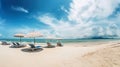 Travel And Tourism Concept With An Amazing Beach Backdrop, Chairs, And Umbrellas Under A Blue Cloudy Sky At A Sunny Day -