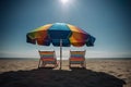 Travel And Tourism Concept With An Amazing Beach Backdrop, Chairs, And Umbrellas Under A Blue Cloudy Sky At A Sunny Day -