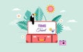 Travel and tourism concept design with open suitcase. Vector illustration Royalty Free Stock Photo