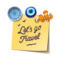 Travel and tourism concept. Lets go to the beach text on the post it notes, travel magnets, boarding pass