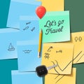 Travel and tourism concept. Lets go travel text on the post it notes, travel doodles, key, pencil