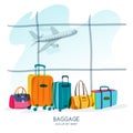 Travel and tourism concept. Multicolor luggage, suitcase, bag at the airport window. Vector doodle illustration.