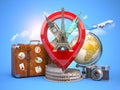 Travel and tourism concept. Pin pointer with famous tourist attractions, camera, suitcase and airplane. Eiffel tower, big ben,