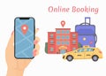 Hand holds the phone. book online a car and hotel