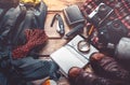 Travel And Tourism Equipment On Wooden Background, Top View. Adventure Discovery Lifestyle Holiday Activity Concept Royalty Free Stock Photo