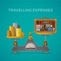 Travel & tourism expenses vector concept with balance scales in flat style Royalty Free Stock Photo