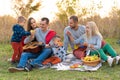 Travel, tourism, hike, picnic and people concept - group of happy friends with tent and drinks playing guitar at camping Royalty Free Stock Photo