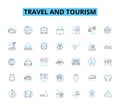 Travel and tourism linear icons set. Adventure, Backpacking, Beaches, Culture, Eco-tourism, Food, Hospitality line