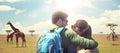 Happy couple with backpacks traveling Royalty Free Stock Photo