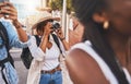 Travel, tourism and photograph with a woman tourist taking a picture while on holiday, vacation or weekend getaway Royalty Free Stock Photo