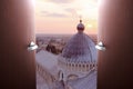 Travel, tourism, service. Doors swing open overlooking Pisa Cathedral, Italy Royalty Free Stock Photo