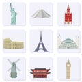 Travel and tourism.A set of colored icons depicting the world`s architectural landmarks. Vector.
