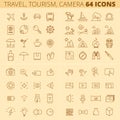 Travel, tourism, summer holidays, photo and video camera line icons.