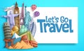 Travel and tourism vector banner template with Let`s Go Travel text in a white empty space and famous landmarks