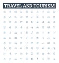 Travel and tourism vector line icons set. Voyage, Trip, Adventure, Tour, Excursion, Sightseeing, Jaunt illustration