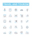 Travel and tourism vector line icons set. Voyage, Trip, Adventure, Tour, Excursion, Sightseeing, Jaunt illustration