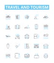 Travel and tourism vector line icons set. Voyage, Trip, Adventure, Tour, Excursion, Sightseeing, Jaunt illustration