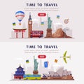 Travel or Tourism Website Landing Page with City Landmarks Vector Template Set