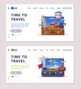 Travel or Tourism Website Landing Page with Open Luggage Bag and Journey Attributes Vector Template Set