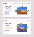 Travel or Tourism Website Landing Page with Open Luggage Bag and Journey Attributes Vector Template Set