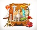 Travel, tourist attraction in suitcase, 3d vector