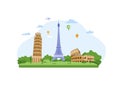 Travel, tourist attractions, Europe, Eiffel Tower, leaning Tower of Pisa, Colosseum. Flat style