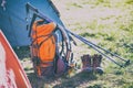 Backpack, tent, boots and Trekking poles Royalty Free Stock Photo